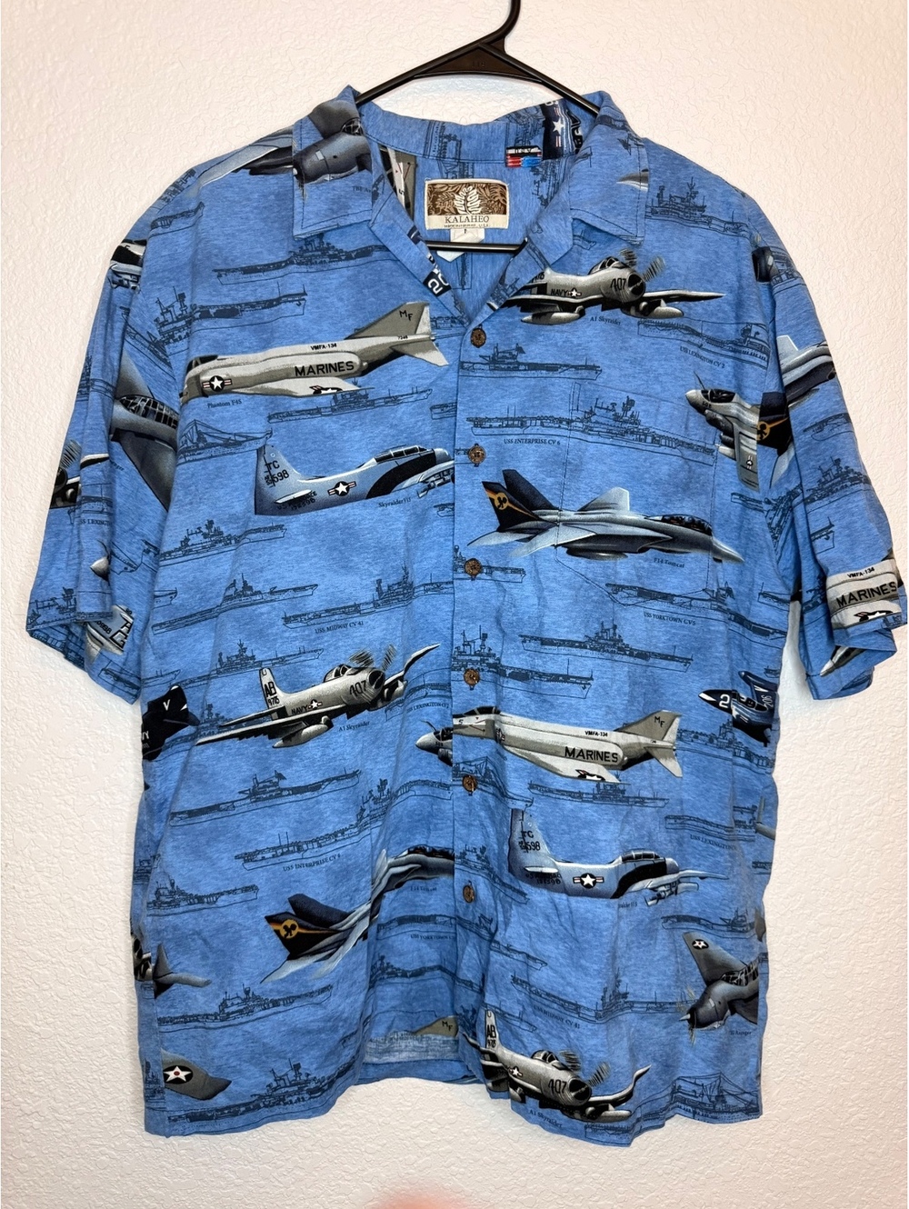 Kalaheo Blue Airplane Print Short Sleeve button-up shirt Hawaiian size L